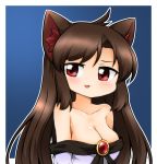  1girl :3 animal_ears breasts brooch brown_hair cleavage collarbone dress imaizumi_kagerou jewelry large_breasts long_sleeves looking_at_viewer off_shoulder open_mouth red_eyes solo suwa_yasai tail touhou wide_sleeves wolf_ears wolf_tail 