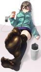  1girl bike_shorts black_legwear brown_eyes brown_hair cellphone charger charging feet hood hooded_jacket jacket kazo long_hair long_sleeves looking_at_viewer lying on_back original outstretched_foot phone soles solo thigh-highs thighs 