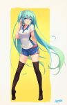  1girl ahoge atdan black_legwear blush breasts green_eyes green_hair hand_on_headphones hatsune_miku headphones heart heart-shaped_pupils highres long_hair looking_at_viewer short_sleeves shorts simple_background smile solo symbol-shaped_pupils thigh-highs twintails very_long_hair vocaloid 