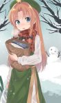  1girl asa_(coco) bag blush bow braid breath full-face_blush green_eyes hair_bow hair_ornament hat hong_meiling long_hair long_sleeves looking_at_viewer open_mouth orange_hair pants plaid plaid_scarf scarf shirt shopping_bag skirt snow snowing snowman solo star touhou tree twin_braids 