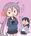  ahoge akebono_(kantai_collection) bell black_hair closed_eyes commentary_request flower hair_bell hair_between_eyes hair_flower hair_ornament kantai_collection long_hair miniskirt otoufu school_uniform serafuku side_ponytail skirt sleeves_past_wrists sweater translated ushio_(kantai_collection) very_long_hair waving_arm 