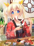  1girl blonde_hair blue_eyes eating long_hair official_art pochadon solo twintails 