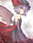  1girl alternate_costume asa_(coco) back back_cutout bat_wings black_dress black_gloves dress elbow_gloves gloves hair_ribbon hat lavender_hair looking_at_viewer looking_back mob_cap pointy_ears red_eyes remilia_scarlet ribbon sash short_hair solo touhou wings 