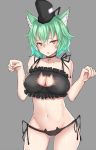  1girl :o animal_ears bell bell_choker black_bra black_panties blush bra breasts cat_cutout cat_ear_panties cat_ears cat_lingerie choker cleavage cleavage_cutout fang green_hair hat impossible_clothes jingle_bell kemonomimi_mode kitunemimi large_breasts looking_at_viewer navel open_mouth panties paw_pose short_hair side-tie_panties soga_no_tojiko solo tate_eboshi touhou underwear underwear_only yellow_eyes 