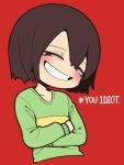  androgynous blush brown_hair chara_(undertale) crossed_arms english grin half-closed_eyes long_sleeves looking_at_viewer noho red_background red_eyes shirt simple_background smile smug solo spoilers striped striped_shirt teeth undertale upper_body 
