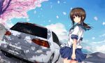  1girl absurdres brown_eyes brown_hair car fubuki_(kantai_collection) highres kantai_collection long_hair low_ponytail motor_vehicle ponytail school_uniform serafuku short_ponytail tianyu_jifeng vehicle volkswagen 