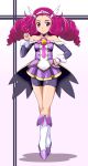  1girl bare_shoulders bike_shorts boots brooch choker full_body hand_on_hip head_wings highres jewelry knee_boots long_hair looking_at_viewer magical_girl muimui okada_mayu precure purple_hair purple_skirt shorts_under_skirt skirt smile smile_precure! solo tiara violet_eyes what_if white_background white_boots 