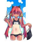  1girl :o animal_ears cat_ears cowboy_shot hair_ribbon kooh long_hair looking_down pangya pori_(poritan81) red_eyes redhead ribbon school_swimsuit scissors solo swimsuit tan tanline twintails very_long_hair 