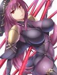  1girl bodysuit breasts covered_navel fate/grand_order fate_(series) highres kd large_breasts long_hair polearm purple_hair red_eyes scathach_(fate/grand_order) smile solo spear thighs very_long_hair weapon 