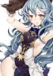  1girl :d animal_ears armpits arms_up atoshi blue_hair blush breasts brown_eyes ferry_(granblue_fantasy) granblue_fantasy long_hair looking_at_viewer open_mouth sideboob smile solo 