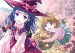  2girls :d asahina_mirai blonde_hair blue_skirt bow broom broom_riding cherry_blossoms hat hat_bow izayoi_liko long_hair mahou_girls_precure! multiple_girls open_mouth pink_shoes plaid plaid_bow precure purple_hair red_hat red_skirt shirt shoes short_hair skirt smile tree violet_eyes white_shirt witch_hat yakka 