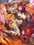  1girl breasts dragon dragon_girl dragon_horns dragon_wings fire green_eyes head_fins heterochromia highres horns kisina long_hair midriff nail_polish open_mouth parted_lips purple_hair puzzle_&amp;_dragons red_dragon_(p&amp;d) red_eyes smile sonia_(p&amp;d) sword thigh-highs wangren weapon white_legwear wings yellow_eyes 