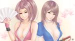  2girls absurdres beige_background breasts brown_eyes brown_hair choker cleavage closed_fan collarbone crossover dead_or_alive fan fatal_fury folding_fan gradient gradient_background highres kasumi_(doa) katana large_breasts looking_at_viewer multiple_girls ninja no_bra ponytail puffy_short_sleeves puffy_sleeves shiranui_mai short_sleeves smile sweetsoupman sword the_king_of_fighters upper_body weapon 
