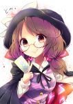  1girl bow brown_eyes brown_hair cape clothes_writing glasses hat hat_bow highres long_sleeves low_twintails plaid red-framed_glasses school_uniform shirt short_hair skirt smile solo touhou twintails usami_sumireko uta_(kuroneko) zener_card 