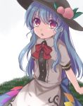  1girl asa_(coco) blue_hair dress food fruit gradient gradient_background hat hinanawi_tenshi long_hair open_mouth peach puffy_sleeves red_eyes ribbon short_sleeves sitting solo touhou 