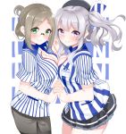  2girls absurdres alternate_costume breast_press breasts cleavage employee_uniform folded_ponytail from_side green_eyes hair_between_eyes highres holding_hands interlocked_fingers kantai_collection kashima_(kantai_collection) katori_(kantai_collection) large_breasts lawson light_brown_hair long_hair looking_at_viewer miniskirt multiple_girls nebu_soku pantyhose pencil_skirt short_hair siblings sisters skirt smile symmetrical_docking twintails uniform violet_eyes wavy_hair 