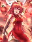  1girl bridal_gauntlets china_dress chinese_clothes chinese_new_year dress elesis_(elsword) elsword fi-san fireworks garter_straps highres long_hair red_eyes redhead solo thigh-highs 