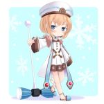  1girl blanc blue_eyes blush brown_hair chibi coat hammer hat looking_at_viewer neptune_(series) open_mouth short_hair snowflakes solo 