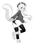  +++_(artist) animal_ears ass boots bulge clenched_hands coat from_behind greyscale hat highres looking_back male_focus monochrome open_mouth original scarf simple_background skindentation smile solo squirrel_ears squirrel_tail tail thigh-highs white_background 