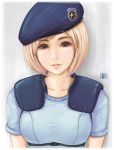  1girl beret blonde_hair blue_eyes breasts hat highres jill_valentine light_smile lips looking_at_viewer parted_lips resident_evil short_hair short_sleeves solo sweetsoupman upper_body 