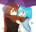  2girls :d blue_eyes blue_hair bow capelet eye_contact face-to-face hair_bow heart heterochromia holding_hands looking_at_another multiple_girls open_mouth red_eyes red_scarf redhead scarf sekibanki shared_scarf short_hair smile tatara_kogasa touhou tyouseki umbrella yuri 
