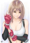  1girl absurdres breasts brown_eyes brown_hair collarbone final_fantasy final_fantasy_vii fingerless_gloves gloves gradient gradient_background highres large_breasts long_hair looking_at_viewer purple_background putting_on_gloves sketch solo suspenders sweetsoupman tank_top tifa_lockhart upper_body 