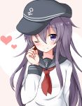  1girl akatsuki_(kantai_collection) anchor_symbol black_hair chocolate chocolate_heart flat_cap hair_between_eyes hat heart kantai_collection long_hair looking_at_viewer messy_hair neckerchief one_eye_closed school_uniform serafuku smile solo tyiop13 valentine violet_eyes 