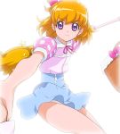  1girl asahina_mirai blonde_hair blue_skirt broom haruyama_kazunori looking_at_viewer mahou_girls_precure! precure short_hair simple_background skirt violet_eyes white_background 