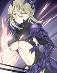  1girl armor artoria_pendragon_alter_(fate/grand_order) breasts cleavage fate/grand_order fate_(series) gauntlets horns jirou_(tamaho39) large_breasts looking_at_viewer navel reins saber saber_alter short_hair smile solo spikes under_boob yellow_eyes 