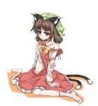  1girl animal_ears aratsuki chen fingernails hat jewelry long_sleeves looking_at_viewer mob_cap multiple_tails ribbon short_hair squatting tail torn_clothes touhou 