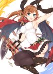  1girl :d black_gloves black_legwear blue_eyes blue_gk blush book breasts brown_hair cape clarisse_(granblue_fantasy) gloves granblue_fantasy hair_ribbon large_breasts long_hair looking_at_viewer open_mouth ponytail ribbon simple_background skirt smile solo thigh-highs thighs v white_background 