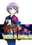  1girl cover dvd_cover fireworks glasses lowres nagato_yuki nagato_yuki-chan_no_shoushitsu purple_hair short_hair simple_background smile solo suzumiya_haruhi_no_shoushitsu suzumiya_haruhi_no_yuuutsu tagme 