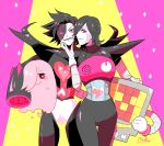 &gt;:3 1other :3 androgynous android arm_cannon artist_name black_hair commentary ghost hato_moa heart mettaton mettaton-ex mettaton_(ghost) mettaton_neo multiple_persona red_eyes robot sparkle spoilers spotlight underswap undertale weapon wings