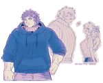  1boy 1girl alternate_costume artemis_(fate) bangs blue_hoodie blush brown_hair casual contemporary couple cropped_legs fate/grand_order fate_(series) hetero hood hoodie mature_male messy_hair multiple_views muscular muscular_male night27260 orion_(super_archer)_(fate) short_hair thick_eyebrows 