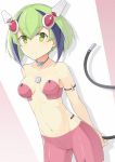  1girl android bike_shorts blush breasts dimension_w green_eyes green_hair headgear highres looking_at_viewer multicolored_hair mzrz navel short_hair smile solo tail two-tone_hair yurizaki_mira 