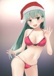  1girl bikini green_eyes green_hair hat highres huca kantai_collection long_hair santa_hat suzuya_(kantai_collection) swimsuit 