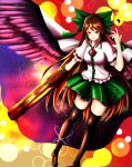  1girl absurdres arm_cannon black_legwear black_wings brown_hair cape full_body hair_ribbon highres long_hair looking_at_viewer puffy_sleeves red_eyes reiuji_utsuho ribbon shirt shoes short_sleeves skirt smile solo thigh-highs third_eye touhou weapon wings yukidaifuku zettai_ryouiki 