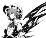  1girl absurdres bat_wings bow from_side greyscale hat hat_bow hat_ribbon highres looking_at_viewer mob_cap monochrome open_mouth pointy_ears puffy_short_sleeves puffy_sleeves remilia_scarlet ribbon short_sleeves simple_background solo touhou upper_body white_background wings yutapon 