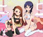  2girls :3 animal_ears bell bell_collar blue_eyes blue_hair blush brown_hair cat_lingerie cleavage_cutout collar hair_ribbon highres hina_(araburu-hinadori) idolmaster idolmaster_dearly_stars looking_at_viewer minase_iori mizutani_eri multiple_girls open_mouth panties paw_pose paw_print pillow red_eyes ribbon side-tie_panties sitting smile stuffed_animal stuffed_bunny stuffed_toy tail thigh-highs underwear wariza 