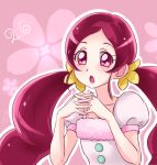  1girl :o blush chocokin hanasaki_tsubomi heartcatch_precure! interlocked_fingers long_hair looking_at_viewer pink_background pink_eyes pink_hair precure puffy_sleeves shirt solo twintails upper_body white_shirt 