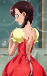  1girl braid brown_eyes brown_hair dress haruyama_kazunori kashimoto_mayuka long_hair panties precure profile puffy_sleeves red_dress smile smile_precure! solo tan tanline twin_braids underwear white_panties 