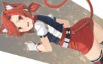  1girl animal_ears belt blush cat_ears cat_tail dress dutch_angle fang fingerless_gloves gloves hairband looking_at_viewer looking_back mzrz open_mouth original red_eyes redhead short_hair short_twintails solo sweatdrop tail thigh-highs twintails 
