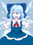  1girl 2015 absurdres blue_dress blue_hair bow cirno dress hair_bow highres ice ice_wings looking_at_viewer open_mouth outstretched_arms solo touhou wings 