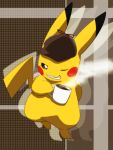  coffee commentary_request cup detective_pikachu full_body great_detective_pikachu:_the_birth_of_a_new_duo hat mug no_humans pikachu pokemon pokemon_(creature) smile solo 