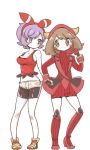  2girls bike_shorts blue_eyes boots brown_hair chorimokki cosplay costume_switch fake_horns full_body gloves hair_ribbon haruka_(pokemon) haruka_(pokemon)_(remake) holding_hands hood horned_headwear kagari_(pokemon) kagari_(pokemon)_(remake) multiple_girls pokemon pokemon_(game) pokemon_oras purple_hair ribbed_sweater ribbon shirt short_hair shorts sleeveless sleeveless_shirt smile sweater team_magma two_side_up uniform violet_eyes white_background 