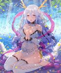  1girl bare_shoulders blush breasts cleavage horns large_breasts long_hair looking_at_viewer open_mouth original shawl silver_hair sitting solo thigh-highs toeless_legwear very_long_hair violet_eyes yuuhi_homare 