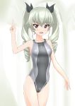  1girl absurdres anchovy brown_eyes competition_swimsuit drill_hair girls_und_panzer green_hair highres long_hair one-piece_swimsuit pointing pointing_up swimsuit takafumi twin_drills twintails 