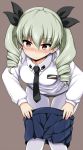  10s 1girl anchovy anzio_school_uniform bangs bent_over black_necktie black_panties black_ribbon blue_skirt blush breasts brown_background closed_mouth collared_shirt commentary_request drill_hair embarrassed eyebrows_visible_through_hair foreshortening girls_und_panzer green_hair hair_between_eyes hair_ribbon head_tilt lock_heart_(juuryokudou) long_hair long_sleeves looking_at_viewer medium_breasts necktie nose_blush panties panties_under_pantyhose pantyhose pleated_skirt pulled_by_self red_eyes ribbon shirt simple_background skirt skirt_pull solo standing sweat thigh_gap tsurime twin_drills underwear undressing white_legwear white_shirt wing_collar 