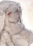  1girl black_sclera breasts cleavage elbow_gloves fur_collar gloves insect_girl large_breasts long_hair monochrome monster_girl moth_girl original red_eyes sketch solo soropippub spot_color veil 