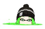  1girl beanie black_hat droplet eyelashes face facing_viewer green_eyes green_hair hat hidden_mouth highres inkling looking_at_viewer obscured partially_submerged poaro puddle simple_background solo splatoon white_background 
